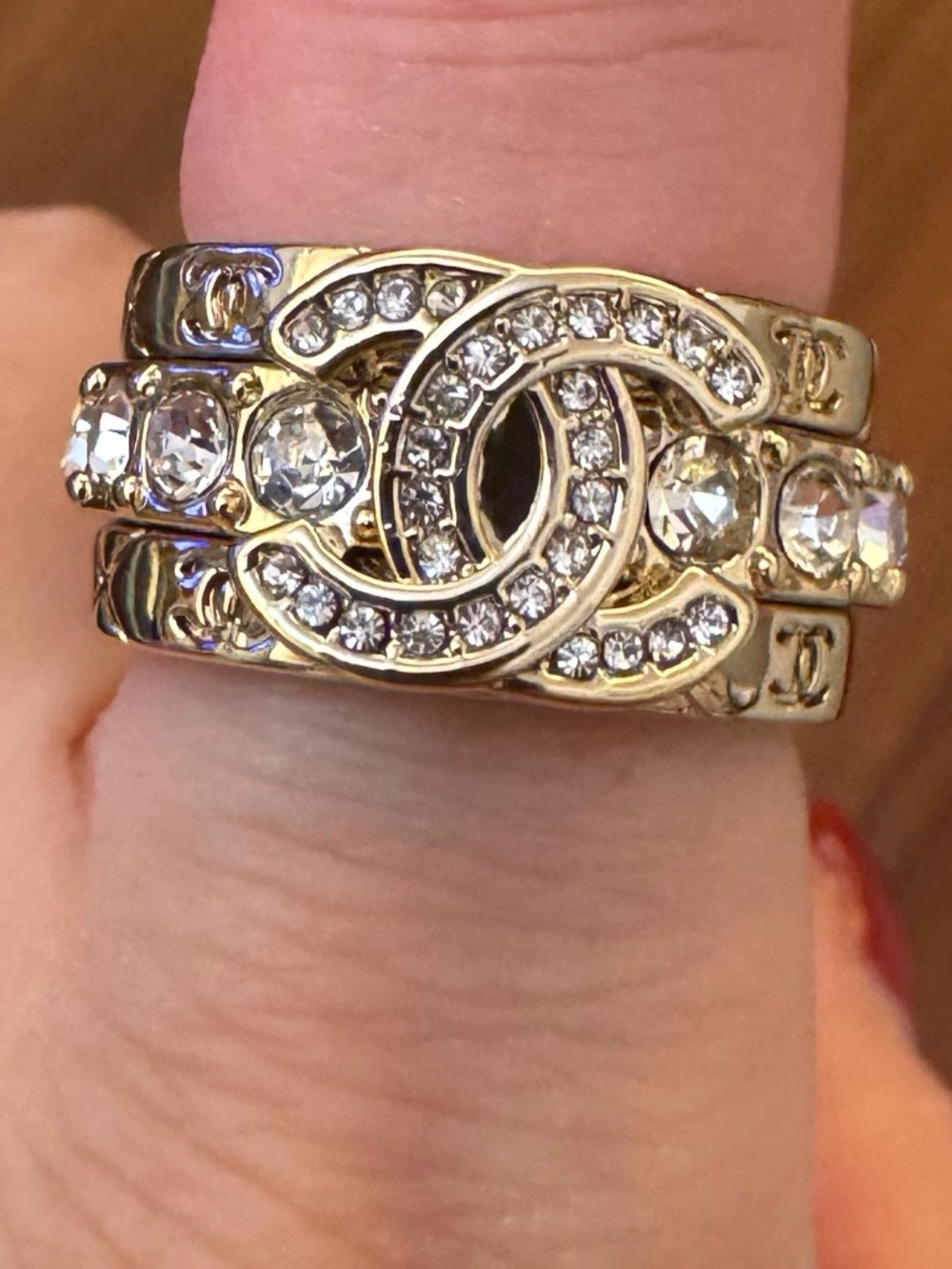 Super Rare New Classic Chanel CC Logo Triple Band Crystal & Gold Ring Size 7